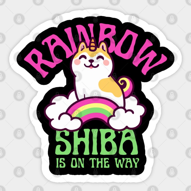 Shiba Inu Unicorn Kawaii Illustration With Rainbow And Cloud Sticker by maxdax